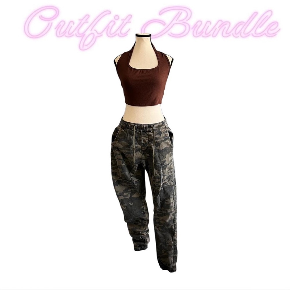 KUWALLATEE camo cargo pants with brown cropped shein halter top outfit bundle